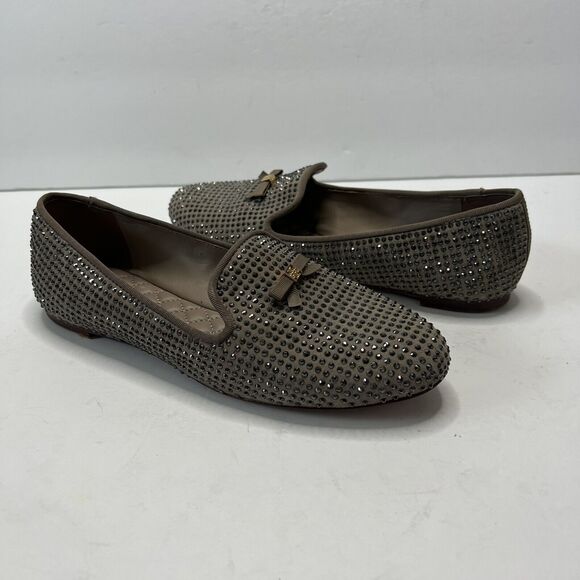 Tory Burch 7M Chandra Sparkle Smoking Slipper Loafer Crystal Studs Bow Taupe - Picture 5 of 8